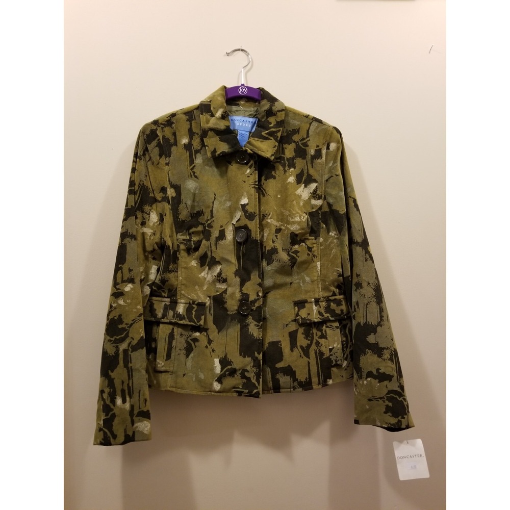 Doncaster Sport Jacket Women 10 Green Abstract Camo Cotton Button Front NWT